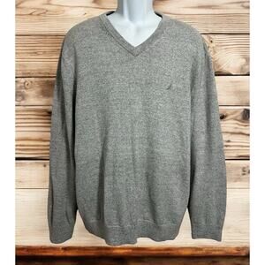 Men's Nautica Gray Pull-Over Sweater Sz XL Gray V-Neck Cotton Long-Sleeve